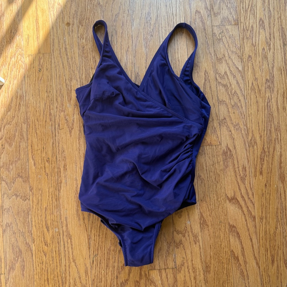 Miraclesuit Purple Ruched Wrap Front One Piece Swimsuit Women's Size 16D